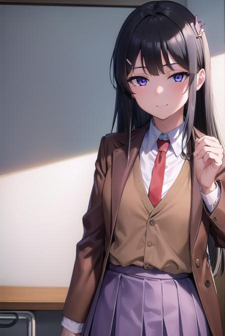 maisakurajima, <lora:maisakurajima-lora-nochekaiser:1>, 
sakurajima mai, long hair, bangs, (black hair:1.5), hair ornament, (purple eyes:1.2), hairclip, rabbit hair ornament, <lora:sensualface_type2:1>, smile,
BREAK skirt, shirt, school uniform, white shirt, short sleeves, pantyhose, pleated skirt, collared shirt, blue skirt, black pantyhose, red necktie, jacket, (brown jacket:1.5),
BREAK indoors, classroom,
BREAK looking at viewer, (cowboy shot:1.5),
BREAK <lyco:GoodHands-beta2:1>, (masterpiece:1.2), best quality, high resolution, unity 8k wallpaper, (illustration:0.8), (beautiful detailed eyes:1.6), extremely detailed face, perfect lighting, extremely detailed CG, (perfect hands, perfect anatomy),