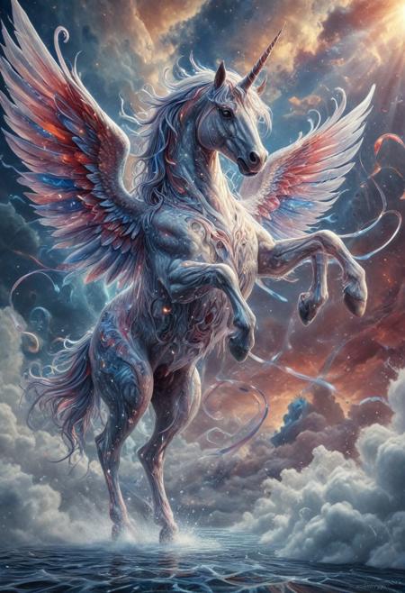 celestial marble unicorn , Made of CosmicStyle, flying through liquid sky, rearing on hind legs, dynamic pose,  clouds melting into ribbons of color, fluid scales shimmering with white blue and red hues, glowing eyes, dynamic wings of flowing liquid, painterly lighting, vast fantasy environment, surreal atmosphere, highly detailed, magical realism, CosmicStyle