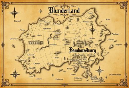 Elegant map of a vast mysterious fantasy world named Blunderland with an old, vintage feel. Blending minimalist design and beautiful map ornaments, decorative elements, aged parchment texture, delicate borders. Elegant calligraphy for labels, classic cartography style. Funny names like Sillywood, Muddlegrump, Bamboozleburg. Smooth coastlines, rivers, hills, mountains and forests. Small towns, castles, and ports marked with elegant icons. Intricate compass rose, subtle grid lines. Muted colors, sepia tones, and faded ink for an ancient, timeworn appearance. Map exudes an air of history and elegance, like an artifact from a forgotten era.