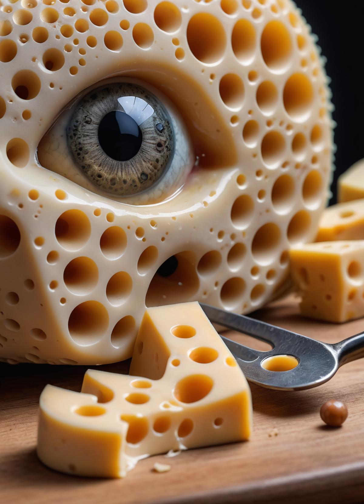 Cheese sculpture with a toothpick sticking out of the eye and a knife in its mouth.