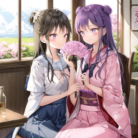 




📂
💾
📦
🖼️
🎨️
📐
❌
highres,multiple girls,bottle,2girls,japanese clothes,kimono,hand fan,long hair,black hair,cherry blossoms,smile,window,short sleeves,flower,hair bow,floral print,purple eyes,sitting,bow,holding fan,bangs,hand on own face,pink kimono,sky,white shirt,long sleeves,wide sleeves,sailor collar,looking at another,indoors,cloud,blush,holding bottle,shirt,chair,white bow,petals,serafuku,pink eyes,sparkling eyes,folding fan,school uniform,<lora:style_anmi_v1:1>