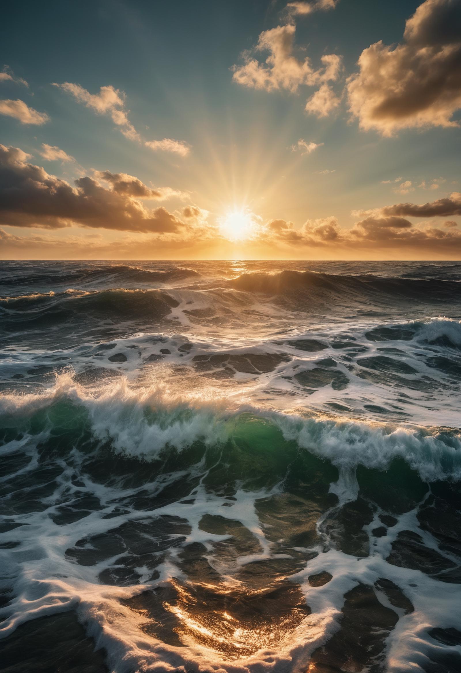 Sunset over the ocean with waves crashing.