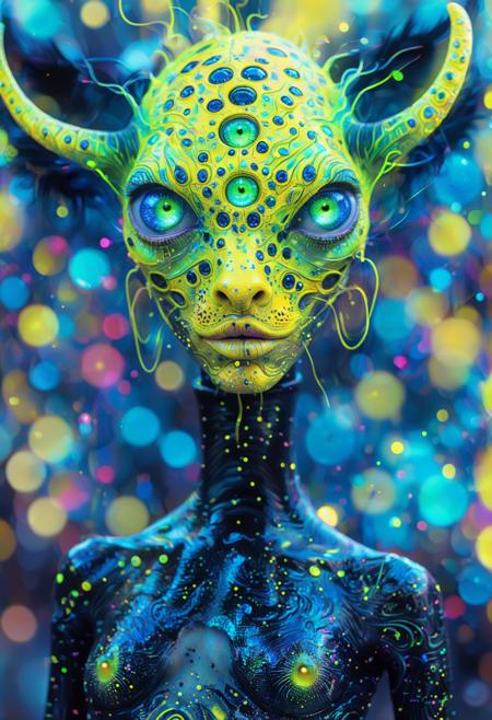 PsychadelicChaos, absurdres, high resolution, detailed, photograph, In a whimsical world where animals can be seen, a vibrant and imaginative creature is depicted in an electric yellow psychadelic. Its body glows with energy as it wears a sleek black outfit with neon green eyes and shimmering blue lips. Bokeh, Regret, Fujichrome Provia 100F, 50mm, four colors, <lora:Upgraders\Detail Tweaker XL:1.0>, <lora:Challenge\aidmaPsychadelicChaosWorldMorphXL-V0.1:1.0>