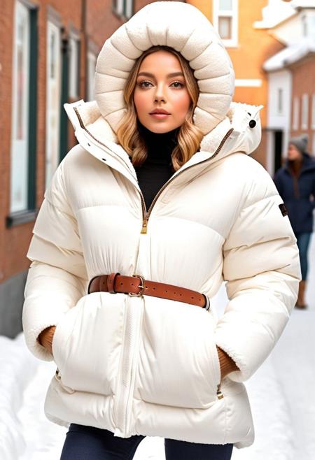 (white Oversized sherpa down coat, white Oversized sherpa puffer coat, white Oversized sherpa winter clothes, very very cold, in cold:1.5), semi-realistic, (full length portrait:1.5), (puffer hood:1.5), (boots:1.5), (tight pants:1.5), (belt:1.5), sharp eyelid, eyeliner, eyelashes, beautiful detailed eyes, tsurime, short hair, blonde hair, wet hair, (wet:1.5), blue eyes, messy hair, sidelocks, perfect anatomy, (walking:1.5), (town:1.5), (street, daytime, snow, winter, cold winter, snowing:1.5), detailed background, highres, best quality, olive skin, android 18, mother, milf, solo, perfect eyes, perfect face, masterpiece, best quality, finely detailed beautiful eyes and detailed face, ultra-detailed, anextremely delicate and beautiful, intricate details, lovely lips, delicate facial features, blush, 8k_resolution, smile, hair tucking,