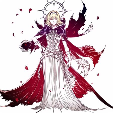 (best quality), ((masterpiece)), (highers), original, extremely detailed CG unity 8k wallpaper,
white background,monochrome, 
1girl, solo, medium hair, blonde hair, gloves, hairband, dress, red eyes, very long hair, white gloves, petals, hand on hip, looking at viewer, frills, layered dress, cape, cloak, torn clothes, standing, hood, lips
 <lora:Final_Fantasy_Logo_style:1>