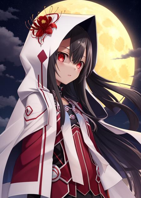 <lora:Koori_Chikage-10:1>,Koori_Chikage, 1girl, solo, long hair, looking at viewer, black hair, red eyes, very long hair, flower, sky, cloud, hood, night, moon, red flower, cloak, full moon, spider lily