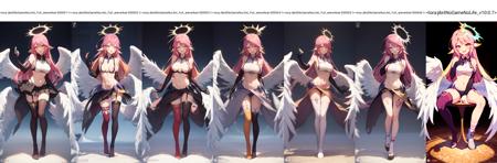 1girl, long hair, solo, breasts, magic circle, halo, sideboob, wings, compass rose halo, navel, pink hair, angel, angel wings, open mouth, low wings, white wings, midriff, bird ears, gloves, smile, animal ears, large breasts, asymmetrical legwear, feathered wings, thighhighs, mismatched legwear, yellow eyes, crop top, blush, multicolored eyes, tattoo, looking at viewer, striped, very long hair, bridal gauntlets, socks, :d, orange eyes, symbol-shaped pupils, no shoes, gradient hair, multicolored hair, sitting, gradient eyes, single thighhigh, cross  <lora:Jibril(NoGameNoLife)_Full_animefinal-000001:1>