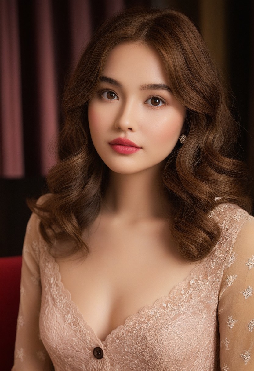 score_9, score_8_up, score_7, 1girl, solo,  (adult body:1.2),  8k, HD,  Imagine a woman, mid-30s maybe, with wavy brown hair that falls just past her shoulders. Her big doe eyes are glassy, the color dulled from disuse. She's got a cute button nose and full lips that hang slack most days. Her figure is petite yet curvy, especially her ample chest.her expression blank yet sad.