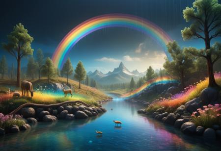 A superb rainbow that crosses a deep magical landscape, rainbox made of tiny neon glass, river, trees, mountains, imaginary animals