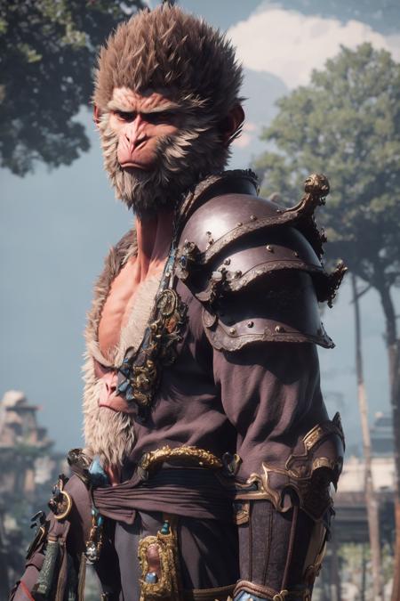 <lora:black_myth_wukong_v1:0.8> wukong \(black myth\),
1boy, solo, male focus, detailed eyes, 
furry chest, armor, pauldrons, hair ornament, 
upper body, sky, tree,
unreal engine, 8k, super detail,