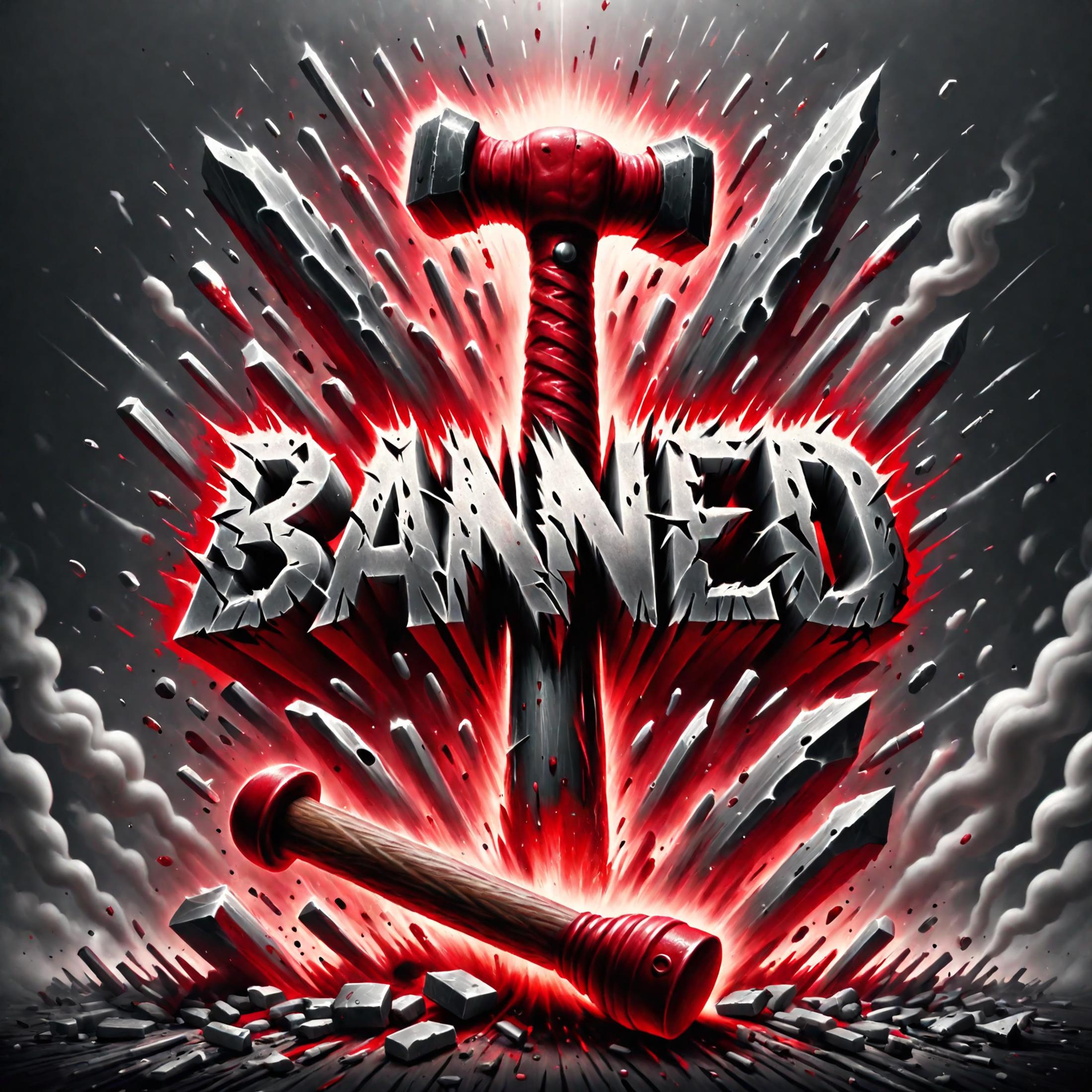 A red hammer with the word "Banned" written on it, surrounded by rocks and a red background.