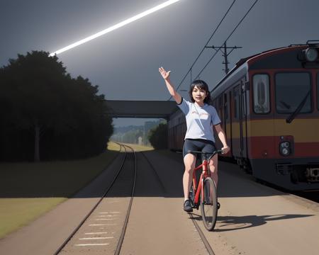 tatuno_kuchi bicycle ground vehicle railroad tracks door train bicycle basket