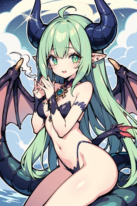 masterpiece, best quality, ultra-detailed, 1 cute lovely dragon girl, sparkling green eyes, smooth and colorful scales, rounded ears and horns, (puffs of smoke:1.05), (playful dragon wings:1.1), (perched on a cloud:1.15), (sparkling crystals:1.2)