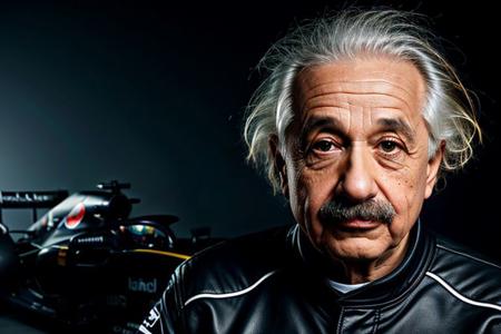 Albert Einstein as formula 1 driver, dojo background, dark theme, high contrast, (hyperrealism, sharp), professional photoshoot