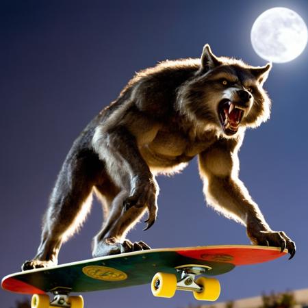 breathtaking, HDR cinematic sharp detailed grain Film vision3 500t
 <lora:Kodak Motion Picture Film Style3:1.2>
<lora:TeethXL:1>
 <lora:Werewolf style:1>
wide angle of a large furry Werewolf animal standing on top of a skateboard with full moon in background Werewolf Style, award-winning, professional, highly detailed