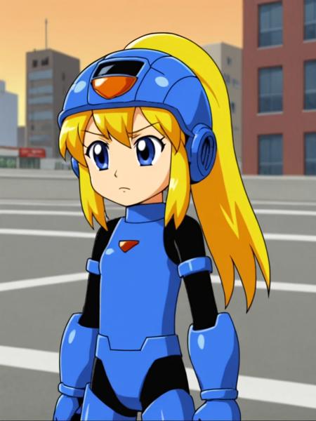 rokkotyan, android, armor, bodysuit, helmet, blonde hair, ponytail, blue eyes