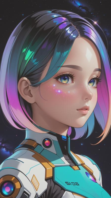 masterpiece, best quality,  1girl,  gradient hair, very detailed skin, detailed skin pores, raytracing,  dark background,  low lighting, galaxy background, glitched face effect