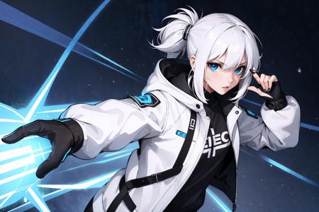 best quality, masterpiece, electric girl, white hair, techwear jacket, (electric aura, electricity), fierce, attacking