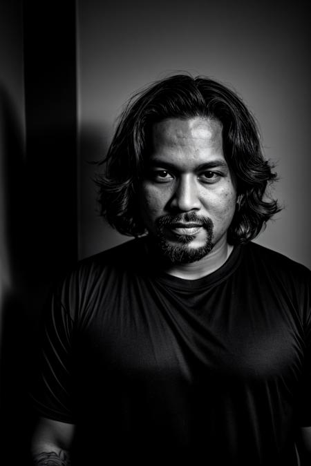 RAW photo, dark shot, b&w, a portrait photo of 36 y.o man Kash Romero in (black clothes:1.2), natural skin, interior, night, 8k uhd, high quality, film grain, Fujifilm XT3