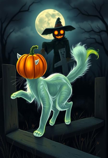 A Halloween-themed scene featuring a transparent ghost cat with a material pumpkin on its head, walking along a fence on ethereal, ghostly paws. The cat's fluffy tail is tipped with green fire. In the background, a scarecrow with glowing, flickering eyes stands ominously in a dark, spooky atmosphere, with a moonlit sky and eerie shadows
