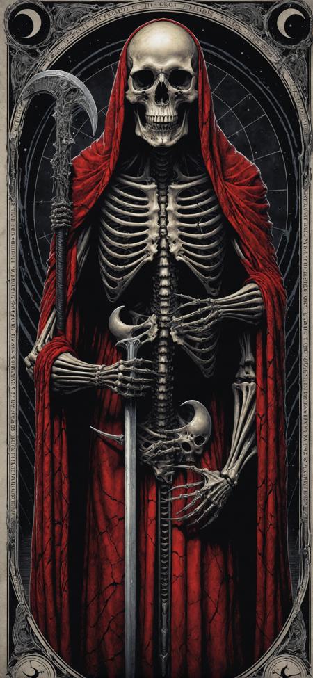 A beautifully illustrated intricately detailed mystical tarot card representing The Death from the Major Arcana,in the style of H. R. Giger
skull,scythe,hood,robe,darkness,red blood,
Transformation,endings,beginnings,change,rebirth,release,transition,renewal,letting go,mortality,regeneration.,