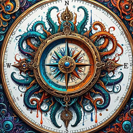 Finely detailed vector illustration, compass, tentacles, terror from the deep , ultra realistic quality, interwoven pattern, white background, hyperdetailed, intricately detailed,  triadic colors,fantastical,intricate detail,splash screen,complementary colors, fantasy concept art, 8k resolution, masterpiece, oil painting, thick strokes, paint dripping, vapors, glow