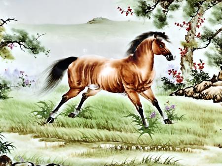 Chinese porcelain painting, a horse running on the grassland, trees, <lora:Chinese_porcelain_painting_V1:1>