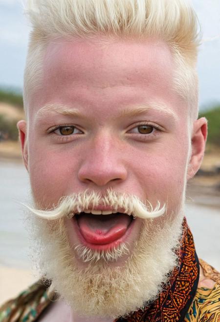 Crazy Beard Day, albino African young adult man, with brown eyes, with crazy beard, weird and unusual beard style, traditional accessories or beard colors, funny face with tongue out, traditional Tanzanian clothes, portrait, hyper-realistic, action scene, comedy, on a beach from Tanzania, blurred background, [prompt created by Kico Toralles]