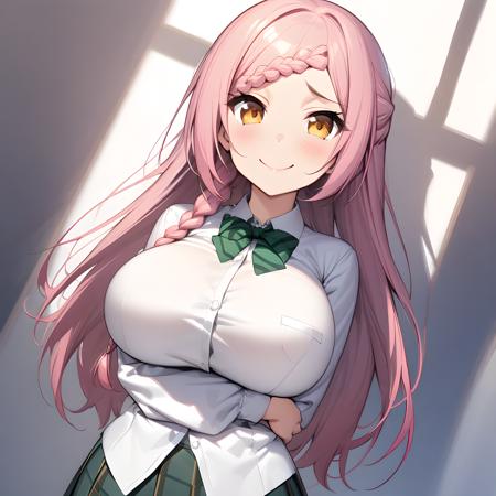 yoshida_kochou braid, long hair, large breasts, pink hair, smile, jacket, school uniform, shirt, white shirt, yellow eyes