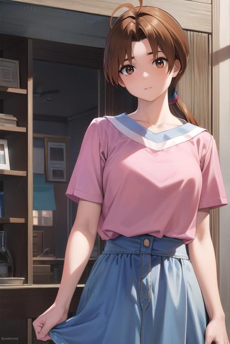 deliaketchum, brown hair, (brown eyes:1.7), parted bangs, (ahoge:1.5), ponytail, low ponytail, shirt, pink shirt, short sleeves, skirt, blue skirt, long skirt,