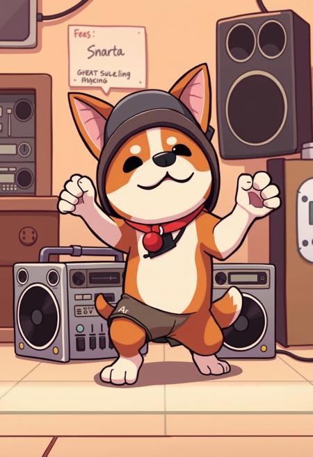 anime style, a dog break dancing with a boom box, chibi,