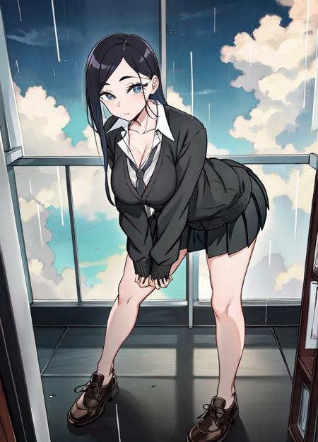 ((masterpiece)), (best quality:1.7), (detailed:1.4), (high res:1.4), 8k, 2d, high resolution, sharped image, 4k, hd, 1girl, solo,  toyoda_(yancha gal), black, hair, long hair, school custome, balck eyes, full body, cleavage, standing, sharped eyes, teasing, standing, medium breasts, black skirt, bare legs, school shoes, city, clouds, sky, rain, open legs, black cardigan, peluche, grey tones, tie, ((hands on own breast)), collarbone, looking at viewer, big hips, curvy body, large legs, pleated shirt, <lora:toyoda-san:0.6>, <lora:thickerLinesanimeStyle:0.6>