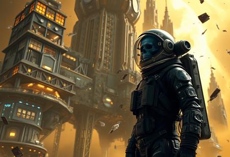 A cinematic shot of an undead lich astronaut in a vibrant metallic black spacesuit standing in the foreground, with a massive, ziggurat spacestation as the backdrop. The spacestation is adorned with numerous lights, windows, and technical details. The astronaut's suit is equipped with various gadgets and patches. The atmosphere is filled with floating debris and a hazy golden glow