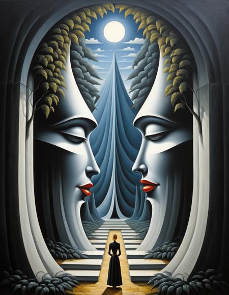 Cubist artwork <lora:FF-Style-Rafal-Olbinski.LORA:1> in the style of rafal olbinski,rafal olbinski style, by Alexander Archipenko and (Lyubov Popova:1.3) , painting, Scottish (Foliage:1.3) , Shy, surreal, lush dungeon and Zodiacal light in background, in focus, Detailed illustration, Horror, rafal olbinski, rafal olbinski art . Geometric shapes, abstract, innovative, revolutionary