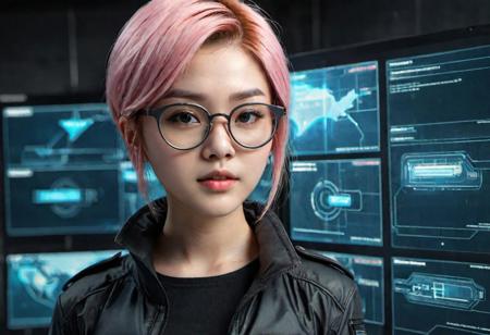 full body,20yo asian girl looking at the screen, view from behind, badgirl, pale skin, skinny face, (threatening look:1.3), freckles,(glasses:1.3),cinematic photo,85mm medium format photo,beautiful,hyperrealism,hyperdetailed,short light pink hair, 
 a photorealistic image,  digital detective, a piece of malicious code on a screen, , malwares, cyberpunk, hacker, black camo,( face mask:1.2),( virus in air:0.9), biohazard, biopunkai, working on a tablet or computer, neon lights in room, futurism,( squinted eyes:1.3), airborne particles, black uniform, smart diagrams, world map, top secret,( parasites:0.8),( holding a magnifier in an ultra-modern futuristic style:1.4),( magnifying magnifying glass:1.2), future science, spaceship, tactical wear