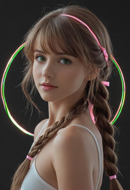 concept art <lora:R0k00bstr0ctHD:1>,r0k00bstr0cthd,r0k00bl0ckb0ckgr00ndhd,(shiny, fire, multicolored, black background, glowing, magic circle, aura),, (Height, Approximately 5 feet 3 inches:1), (Build, Slim and petite with a delicate yet athletic frame:1), (Hair, Long, light brown hair tied into a distinctive braid that falls down her back, often adorned with a pink ribbon,  bangs are softly parted, framing her face:1), (Eyes, Large, green eyes that glow slightly with a mako-like luster, an ethereal and kindhearted expression:1), (Skin, Fair complexion with a smooth, youthful appearance:1), . digital artwork, illustrative, painterly, matte painting, highly detailed