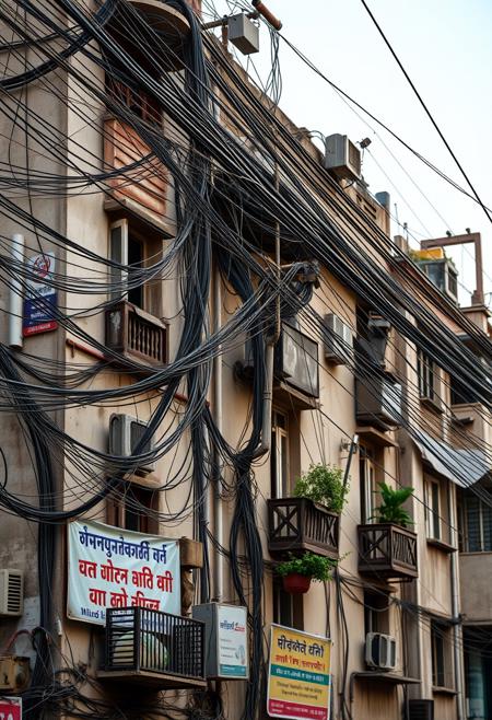 A beautifully composed professional photograph of an apartment building in New Delhi, focusing on the mass of cables, power lines, tangled phone wires and cable TV wires. Insane amount of wires, ultra realistic and detailed, banners and advertisements in Hindi, buildings are heavily weathered and dirty, pleasing early morning warm light highlights the buildings details, small balconies growing plants