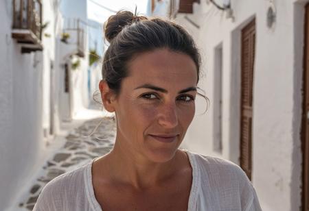*A hyper-realistic headshot of a 42-year-old woman in a Mykonos alley, her olive skin showing uneven tan lines, a faint acne scar on her jaw, and natural forehead wrinkles as she squints in the sun. Her dark hair is pulled into a messy bun, flyaways glowing from backlight. She wears a linen shirt, the bougainvillea behind her a muted pink blur. Shot on a Sony A7R IV with a 50mm f/1.4 lens at f/2.2. Lighting: harsh midday sun diffused by alley shadows, highlighting her skin’s oiliness and peach fuzz.*