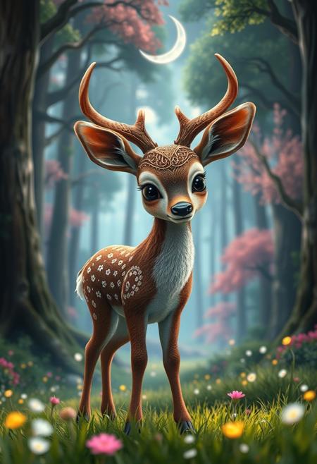 A hyper-stylistic, extremely detailed image depicts an adorable deer, reminiscent of a Pixar film, standing in a breathtakingly beautiful forest. The deer's fur is rendered in exquisite detail, with intricate textures and subtle color gradations that give it a lifelike appearance. The forest around it is a tapestry of vibrant colors and delicate patterns, with towering trees, sparkling fireflies, and a carpet of soft, emerald grass. A crescent moon hangs low in the sky, casting a silver glow over the scene. Every detail of the image is meticulously crafted, from the delicate, lace-like patterns on the deer's fur to the intricate, branching structures of the trees. The overall effect is one of enchanting, whimsical wonder, as if the viewer has stumbled into a magical world of beauty and discovery. highest-Quality, intricate details, visually stunning, Masterpiece