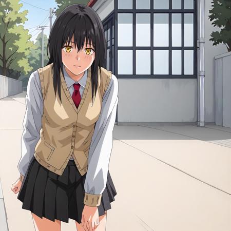 MiaSato,1girl,black hair,long hair,yellow eyes, collared_shirt,long_sleeves,sweater_vest,red tie, pleated_skirt,black skirt, black socks, sweater jacket,gray jacket,white shirt, brown skirt, t -shirt,short_sleeves, brown skirt, blue track jacket, blue pants, school_uniform,blazer,necktie, pleated_skirt,black skirt,