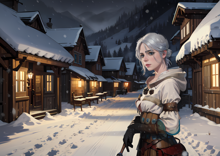 character: Ciri, silver hair, cowboy shot, night, solo, scenery, sadness, disparity, medium breasts, dark,  village, snow, snowing <lora:Ciri-07:1><lora:Ciri-07:1>