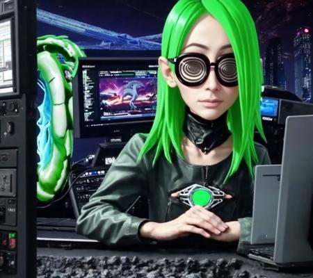 1girl, confident, real life photograph of midoriko outdoors, with a computer, with swirly glasses covering the eyes, serious expression, foreshortening, hyperrealism, technology, emo, cyberpunk, woman, cute <lora:Midoriko-000900:0.8> dinosaur, "The Burst of Celebration"