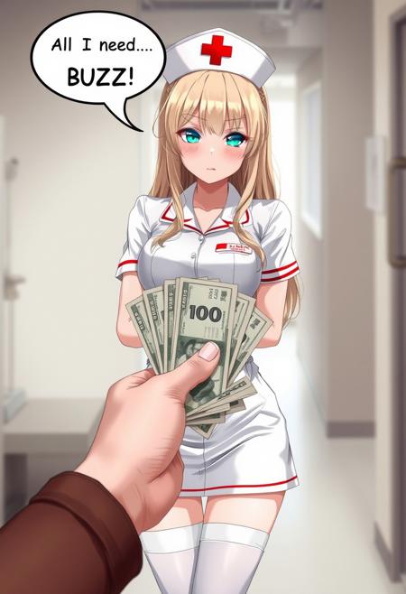 score_9,score_8_up,curvy,expressive,good_hands,<lora:Expressive_H:1>,Expressiveh,depth of field, beautiful, realistic anime style, 
No watermark, No signature, No logo
No pubic hair, No censored, No Deformed body parts, No logo, No Incomplete body parts,
1 Japanese girl, 23 year old, beautiful face, nurse, mini skirts, white_pantyhose, leg_garter, white gloves, nurse_cap, white clothes, red cross mark, 
slender and dynamic nice body, erotic clothes, blonde hair, jade green eyes, angry
girl's speech bubble: "All I need is BUZZ!"
"A realistic depiction of a nurse in a white uniform and cap with a red cross, standing in a clinical setting. In the foreground, a hand offers a stack of currency, creating a contrast between medical professionalism and monetary implication. The scene is well-lit with a neutral background."