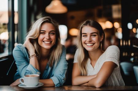 In an endearing close-up photograph, two close young european woman, with radiant smiles and sparkling eyes, sitting in a cafe and looking directly at the viewer. The genuine bond between them is evident in their warm expressions. The background, beautifully blurred through a high depth of field, accentuates the focus on their heartfelt connection. Captured in a Photographic style with a 50mm prime lens, ensuring exquisite facial details and a natural perspective that brings out the authenticity of their friendship.