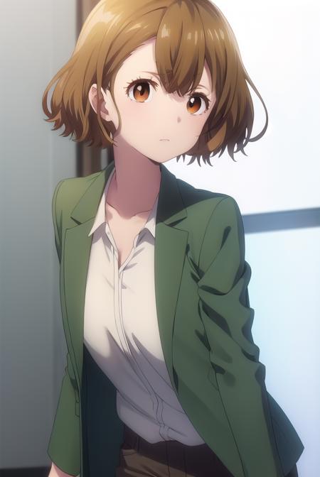 yuzuhamishima, <lora:yuzuha mishima s1-lora-nochekaiser:1>,
yuzuha mishima, short hair, brown hair, (brown eyes:1.5),
BREAK shirt, long sleeves, jacket, white shirt, open clothes, pants, black footwear, watch, green jacket, wristwatch,
BREAK indoors, office,
BREAK looking at viewer, (cowboy shot:1.5),
BREAK <lyco:GoodHands-beta2:1>, (masterpiece:1.2), best quality, high resolution, unity 8k wallpaper, (illustration:0.8), (beautiful detailed eyes:1.6), extremely detailed face, perfect lighting, extremely detailed CG, (perfect hands, perfect anatomy),