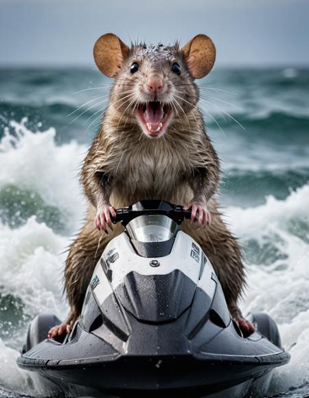 Professional photograph of a very surprised giant rat on a JetSki, wet fur, waves, 8K, masterpiece, best quality, sharp focus, Canon.