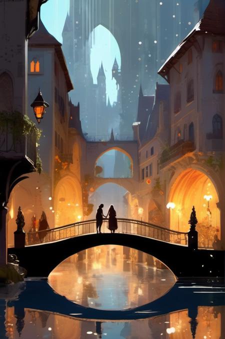 <lora:Pascal Campion Style:1>Pascal Campion Style , a grand capital city nestled in the heart of a magical realm inspired by Dungeons and Dragons. The city stands as a testament to both architectural splendor and mystical enchantments. The streets are bustling with life, filled with a diverse array of creatures, both human and fantastical, going about their daily routines. The buildings showcase a harmonious blend of traditional medieval design and whimsical magical enhancements. Ornate bridges span over flowing rivers and canals, connecting various districts of the city. Gardens and parks are interspersed throughout, teeming with vibrant, otherworldly flora and fauna. In the central square, a magnificent fountain serves as a gathering place, its waters sparkling with magical energies.