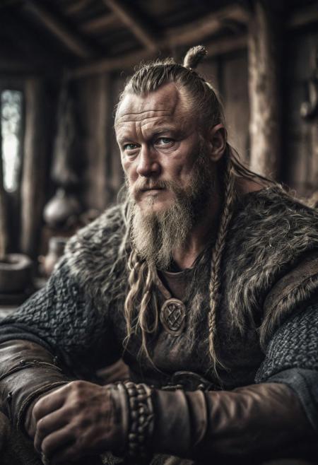 closeup of old Ragnar Lothbrok sitting in a typical viking hut, desaturated background, bokeh, dark theme, soothing tones, depth of field, dramatic backlighting, film grain,