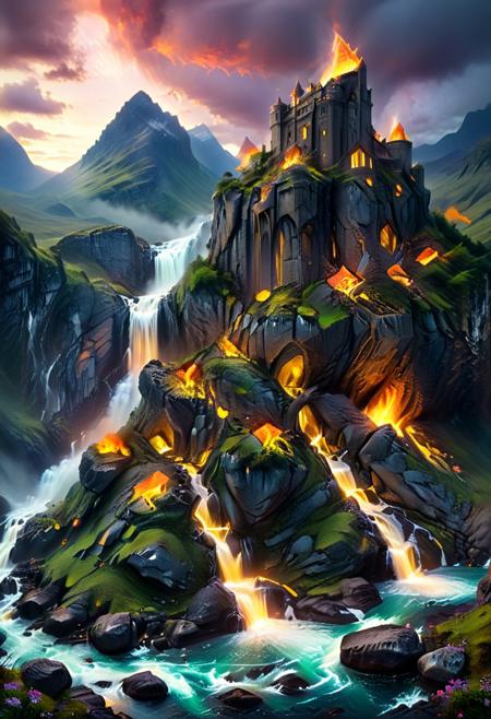 (by Ellen Jewett:1.5), (Bioluminescent Impressionism, Scottish highland  landscape, Flow in the Name of fire* *Channel_42* *中* *Broadcasting* *Artificially_Atypically_Autistically* *Magnetic**Synesthesia* *fire* *lightning*, The Dreamland, green earth, heather, sky sunset, sunrise ,waterfall, great castle on a crag, Crag, highland mountains, ethereal landscapes, depth of field, biotech emotion:1.3) <lora:xl_more_art-full_v1:0.5> <lora:add-detail-xl:1> <lora:RMSDXL_Creative:2>*Channel_42* ral-wlfnte