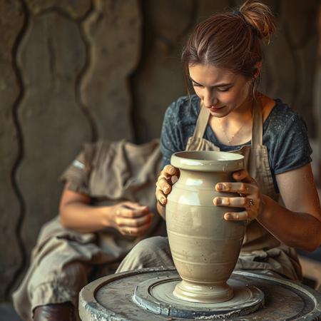Beautiful woman at pottery wheel, making an urn, wearing spattered apron, hair tied up, old spattered shoes, looking at urn, hands molding urn, close up on face and urn